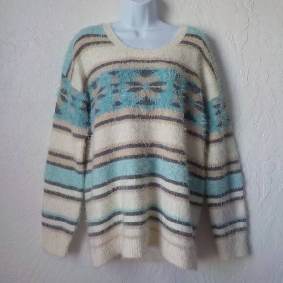 Xhilaration Fluffy Ivory Teal Striped Pullover Sweater Women Large Western Boho - Picture 1 of 7